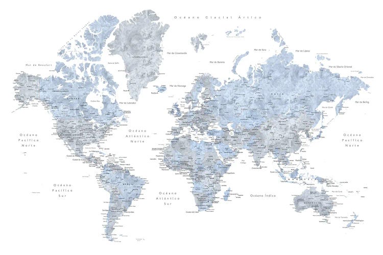 Labels In Spanish Blue And Grey World Map by blursbyai wall art