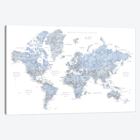 Labels In Spanish Blue And Grey World Map Canvas Print #RLZ253} by blursbyai Canvas Art