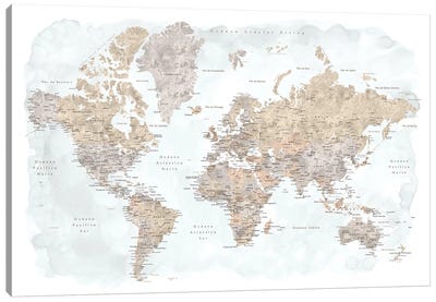 Labels In Spanish Taupe And Grey Watercolor World Map Canvas Art Print - World Map Art