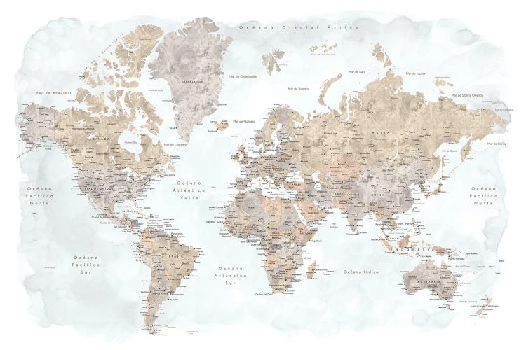 Labels In Spanish Taupe And Grey Watercolor World Map