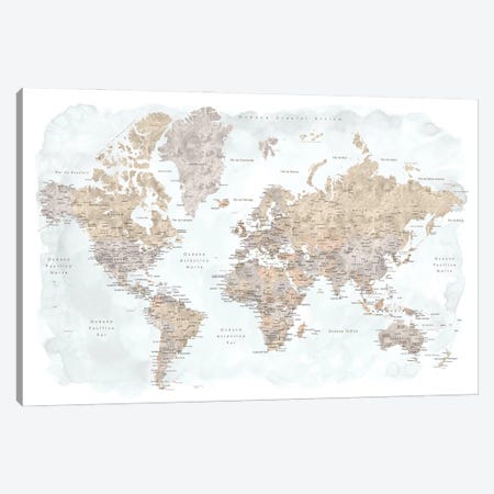 Labels In Spanish Taupe And Grey Watercolor World Map Canvas Print #RLZ254} by blursbyai Art Print