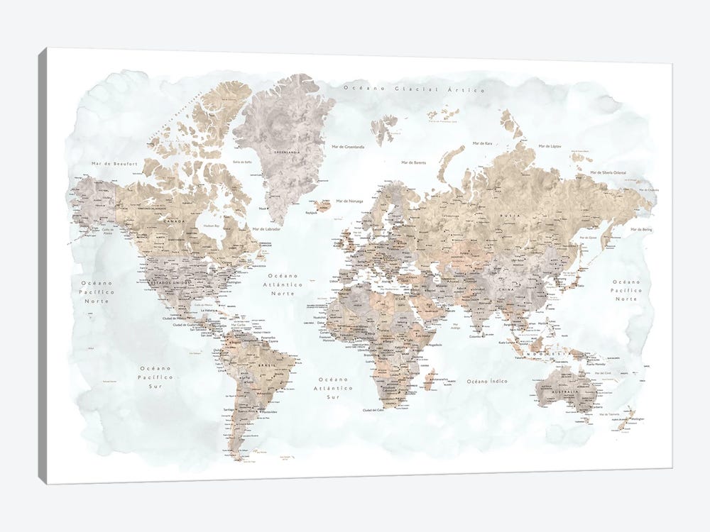 Labels In Spanish Taupe And Grey Watercolor World Map by blursbyai 1-piece Canvas Artwork