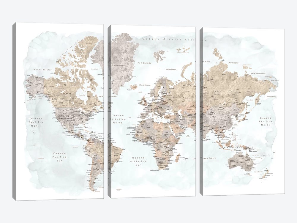 Labels In Spanish Taupe And Grey Watercolor World Map by blursbyai 3-piece Canvas Art