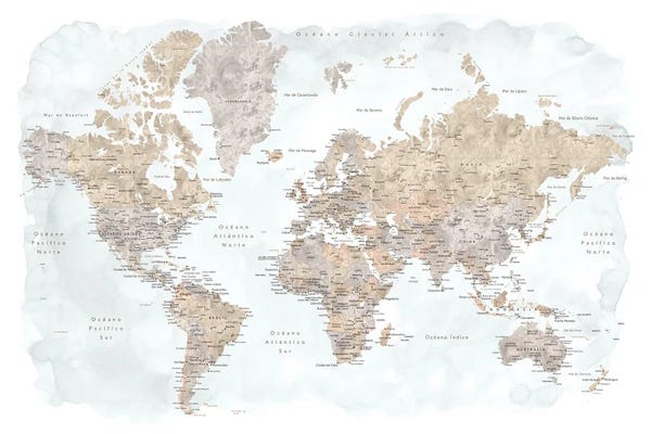 blursbyai: Labels In Spanish Taupe And Grey Watercolor World Map by blursbyai