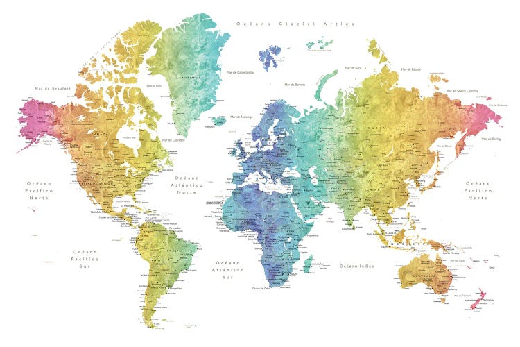 Labels In Spanish Rainbow Watercolor World Map