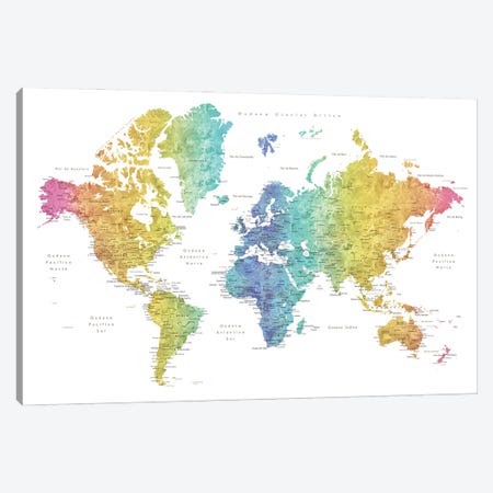 Labels In Spanish Rainbow Watercolor World Map Canvas Print #RLZ255} by blursbyai Art Print