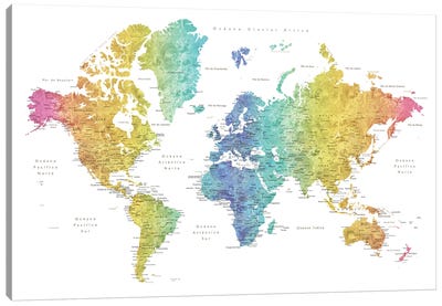 Labels In Spanish Rainbow Watercolor World Map Canvas Art Print - blursbyai