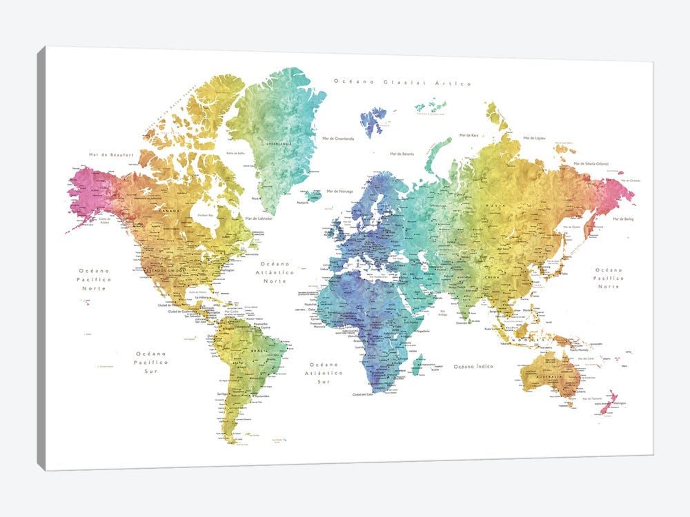 Labels In Spanish Rainbow Watercolor World Map by blursbyai 1-piece Canvas Print