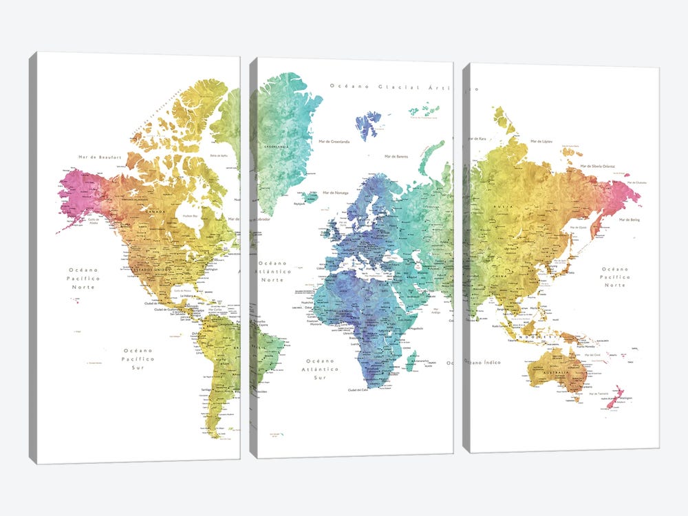 Labels In Spanish Rainbow Watercolor World Map by blursbyai 3-piece Canvas Print