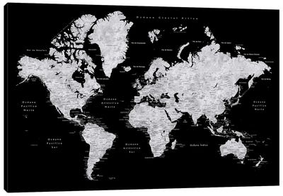 Labels In Spanish Black And Grey World Map Canvas Art Print - World Map Art