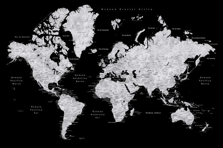 Labels In Spanish Black And Grey World Map