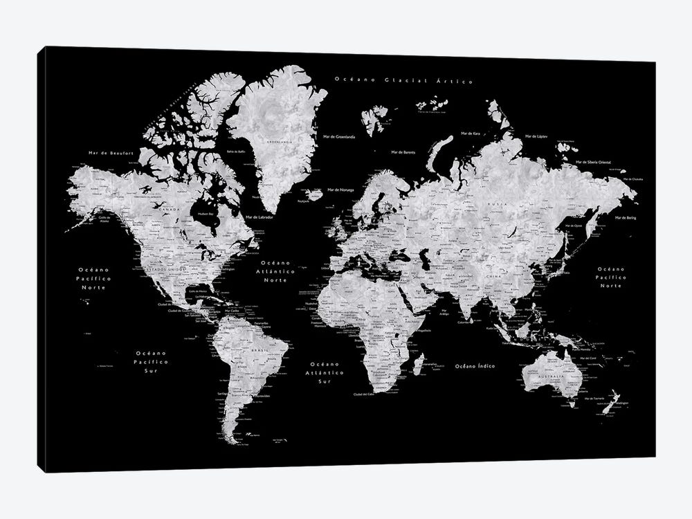 Labels In Spanish Black And Grey World Map by blursbyai 1-piece Canvas Art