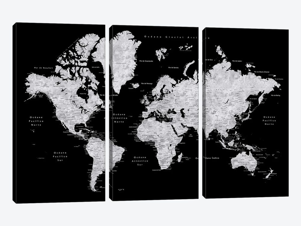 Labels In Spanish Black And Grey World Map by blursbyai 3-piece Canvas Artwork