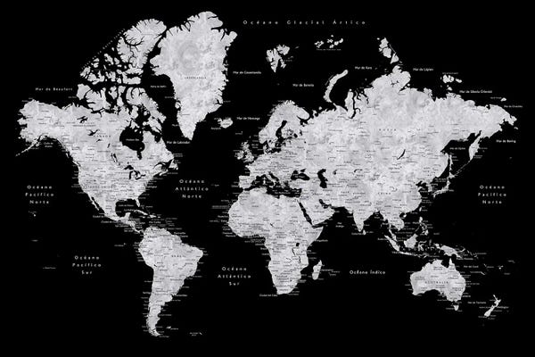 Globes: Labels In Spanish Black And Grey World Map by blursbyai