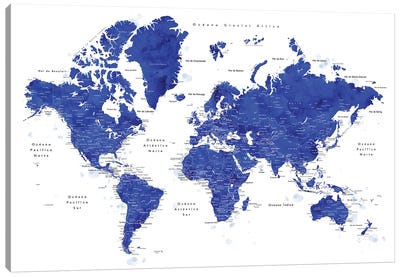 Labels In Spanish Cobalt Blue World Map Canvas Art Print - World Map Art