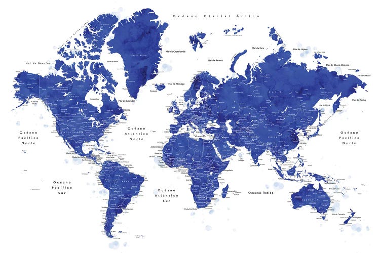 Labels In Spanish Cobalt Blue World Map by blursbyai wall art