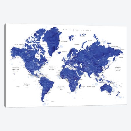 Labels In Spanish Cobalt Blue World Map Canvas Print #RLZ257} by blursbyai Canvas Art Print