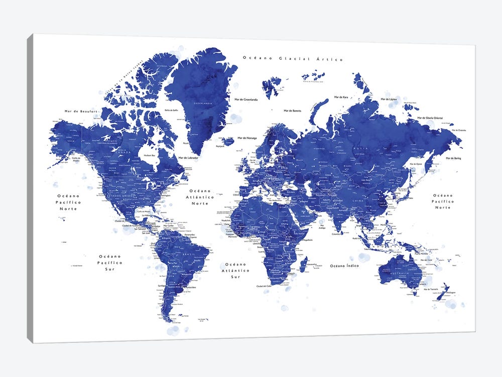 Labels In Spanish Cobalt Blue World Map by blursbyai 1-piece Canvas Art Print