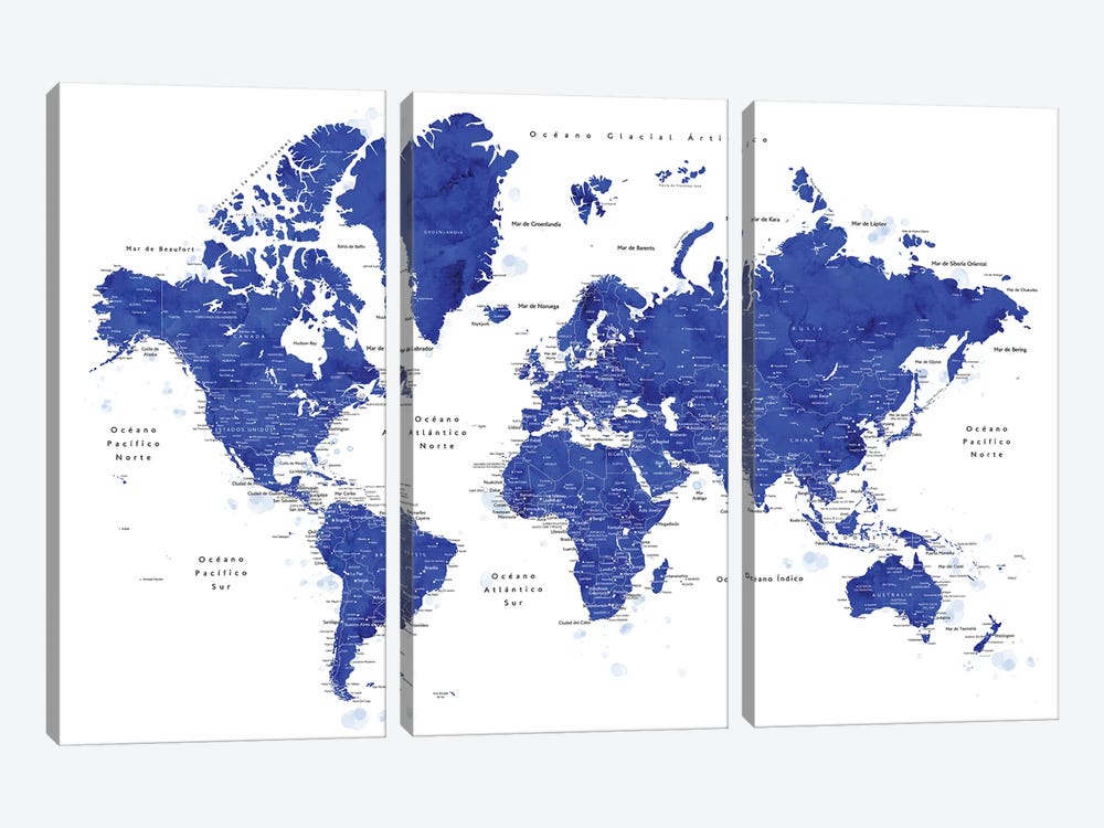Labels In Spanish Cobalt Blue World Map by blursbyai 3-piece Art Print