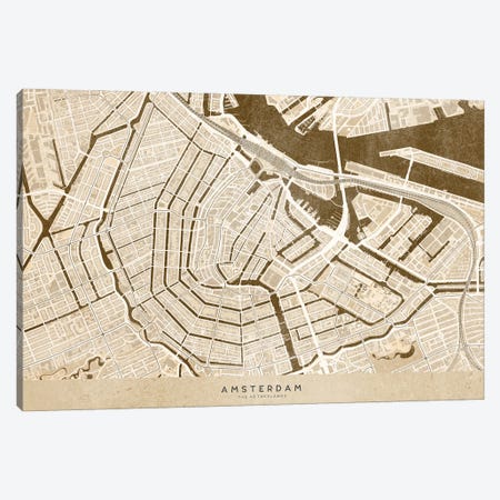 Sepia Vintage Map Of Amsterdam Canvas Print #RLZ259} by blursbyai Canvas Wall Art