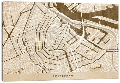 Sepia Vintage Map Of Amsterdam Canvas Art Print - Amsterdam Maps