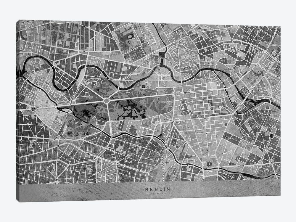 Gray Vintage Map Of Berlin by blursbyai 1-piece Canvas Art Print