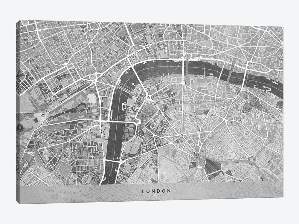 Gray Vintage Map London Downtown by blursbyai 1-piece Canvas Wall Art