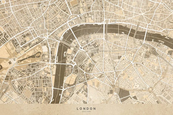 London Maps: Sepia Vintage Map London Downtown by blursbyai