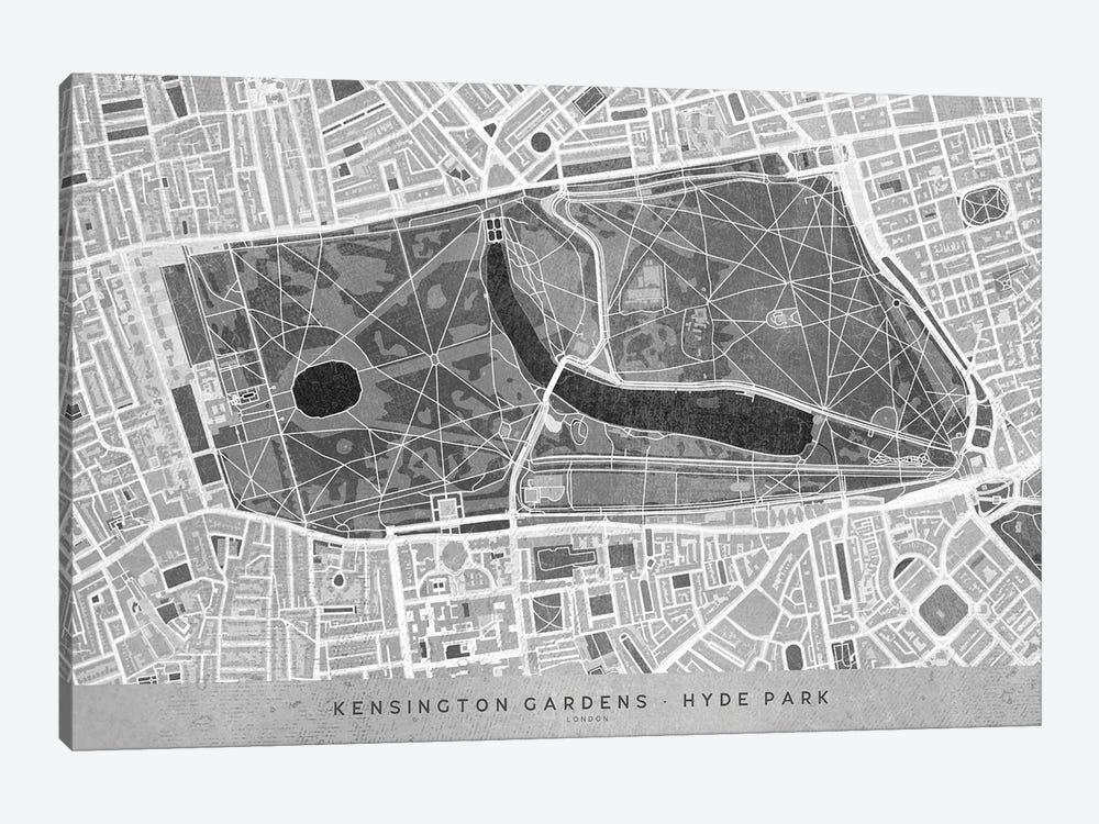Gray Vintage Map Kengsinton Gardens London by blursbyai 1-piece Canvas Art