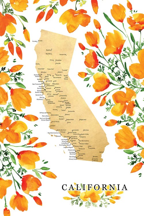 Labeled Map Of California With Poppies by blursbyai wall art
