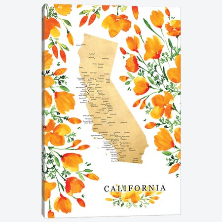 Labeled Map Of California With Poppies Canvas Print #RLZ276} by blursbyai Canvas Art Print