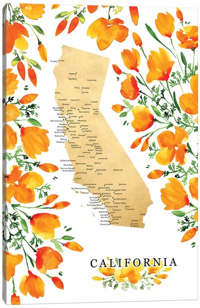 Labeled Map Of California With Poppies Canvas Art Print - blursbyai