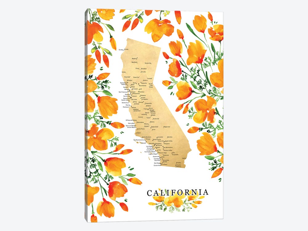Labeled Map Of California With Poppies by blursbyai 1-piece Canvas Artwork