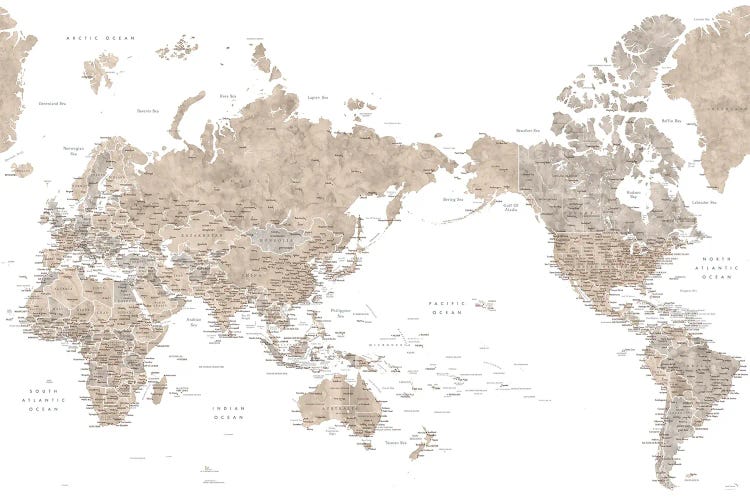 Pacific-Centered Detailed World Map In Neutral Watercolor