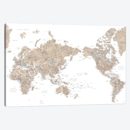 Pacific-Centered Detailed World Map In Neutral Watercolor Canvas Print #RLZ308} by blursbyai Canvas Artwork