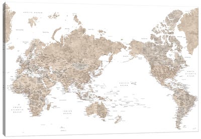 Pacific-Centered Detailed World Map In Neutral Watercolor Canvas Art Print - blursbyai