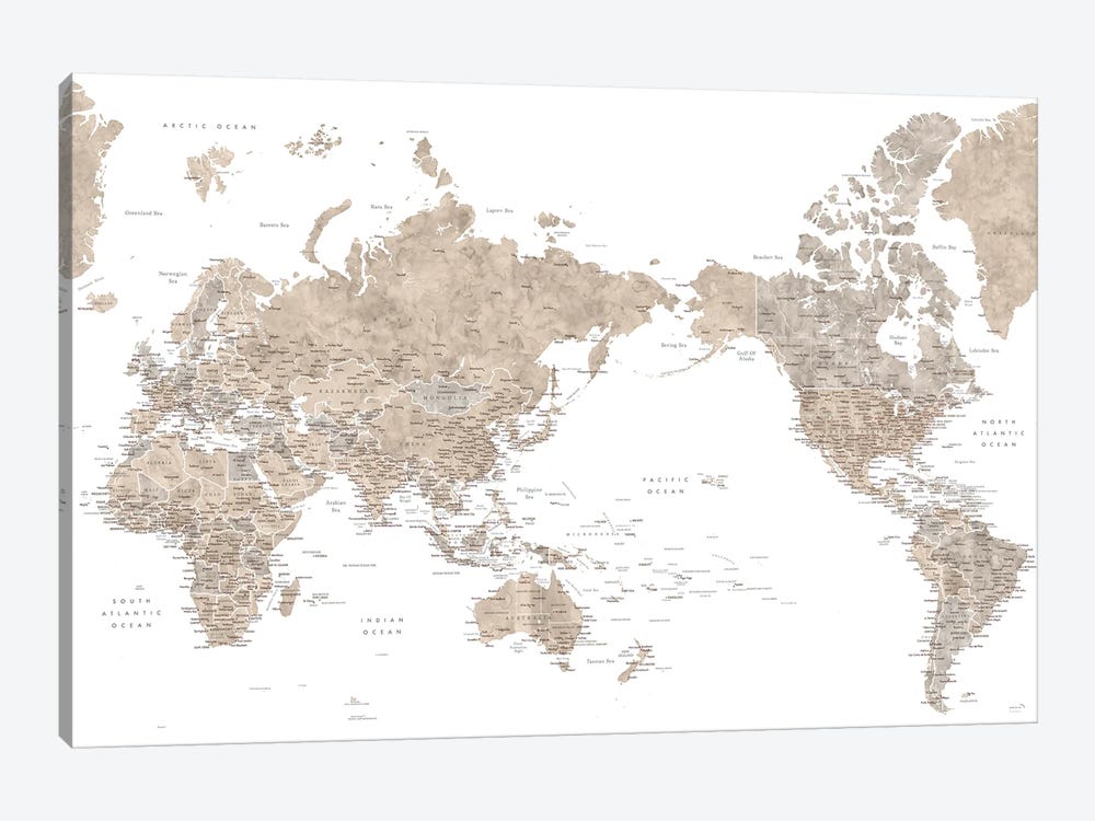 Pacific-Centered Detailed World Map In Neutral Watercolor by blursbyai 1-piece Canvas Artwork