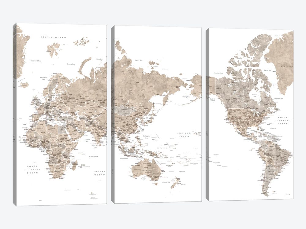 Pacific-Centered Detailed World Map In Neutral Watercolor by blursbyai 3-piece Canvas Artwork