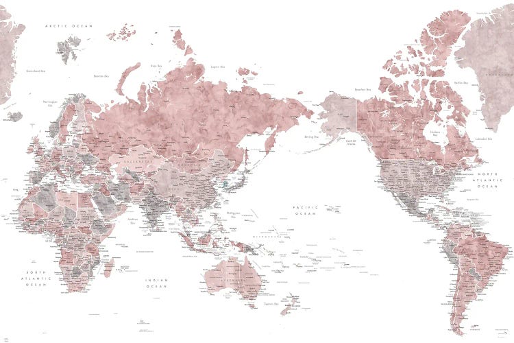 Pacific-Centered Detailed World Map In Dusty Pink Watercolor