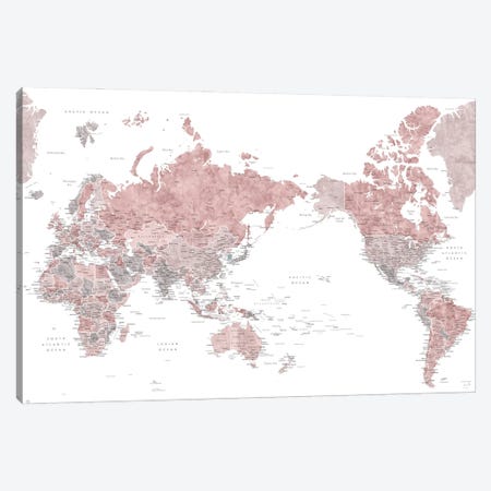 Pacific-Centered Detailed World Map In Dusty Pink Watercolor Canvas Print #RLZ310} by blursbyai Art Print