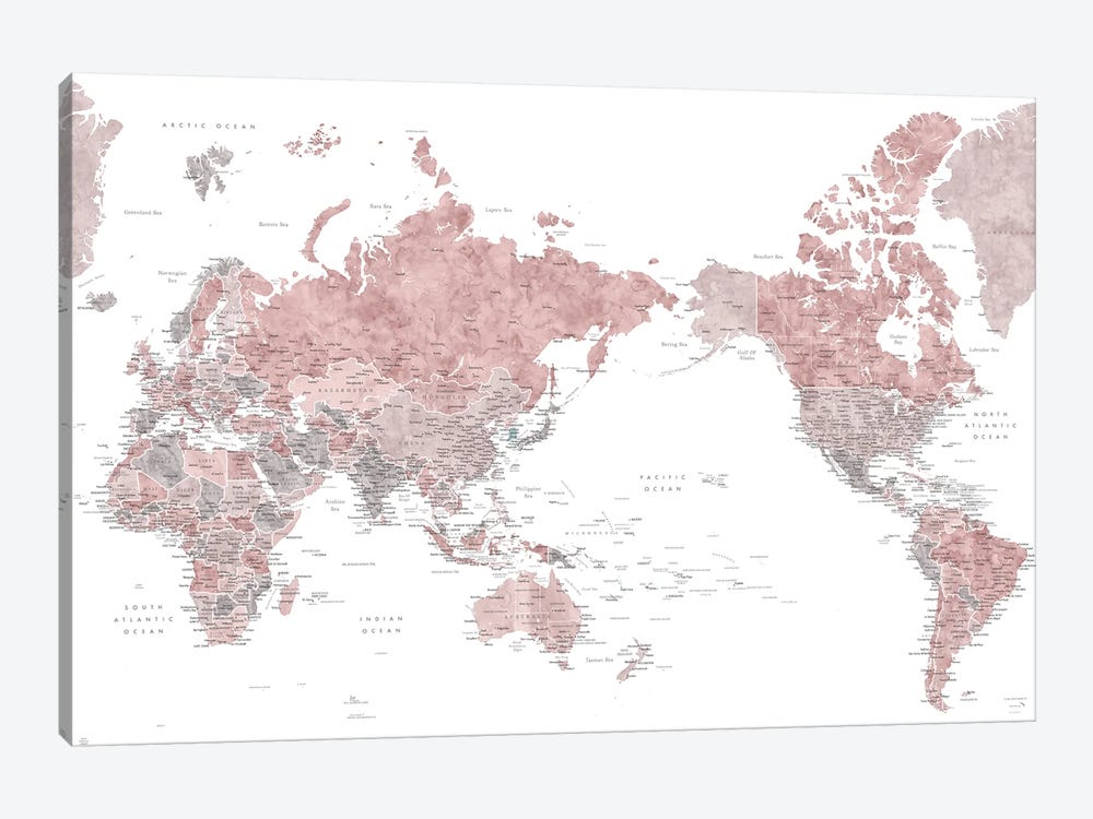 Pacific-Centered Detailed World Map In Dusty Pink Watercolor by blursbyai 1-piece Art Print