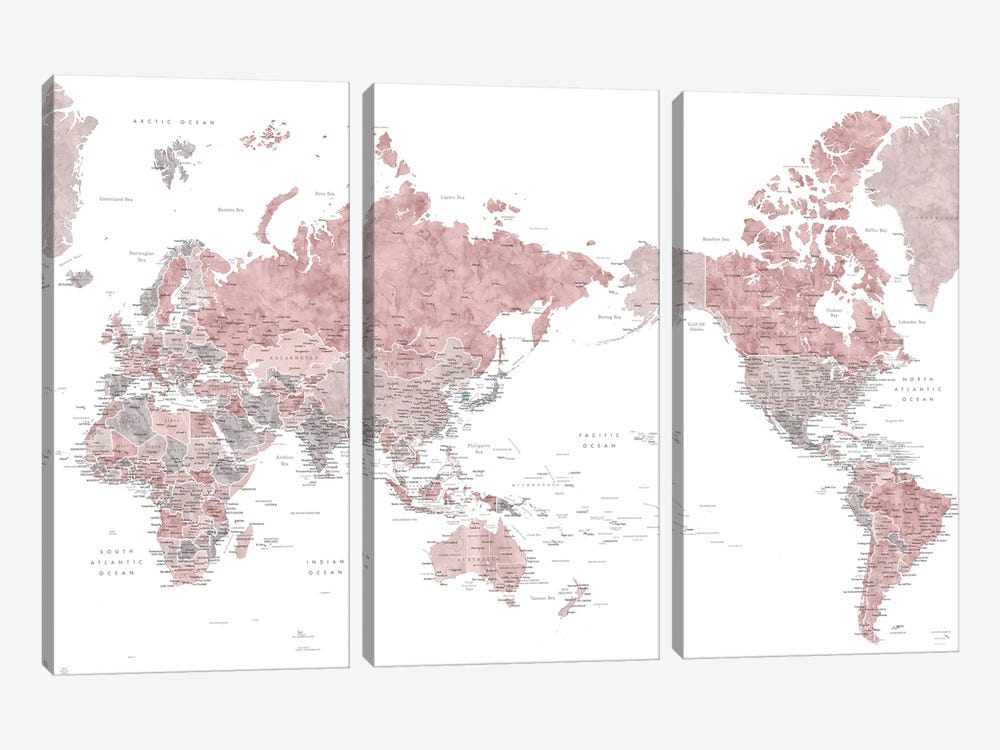 Pacific-Centered Detailed World Map In Dusty Pink Watercolor by blursbyai 3-piece Canvas Art Print