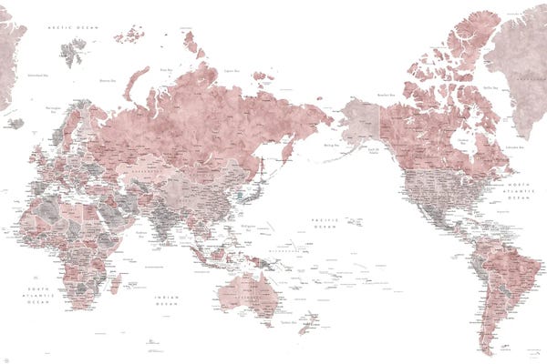 Globes: Pacific-Centered Detailed World Map In Dusty Pink Watercolor by blursbyai