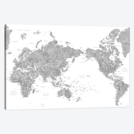 Pacific-Centered Detailed Gray Watercolor World Map Canvas Print #RLZ312} by blursbyai Canvas Art Print