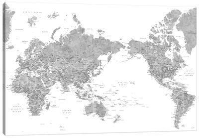 Pacific-Centered Detailed Gray Watercolor World Map Canvas Art Print - blursbyai