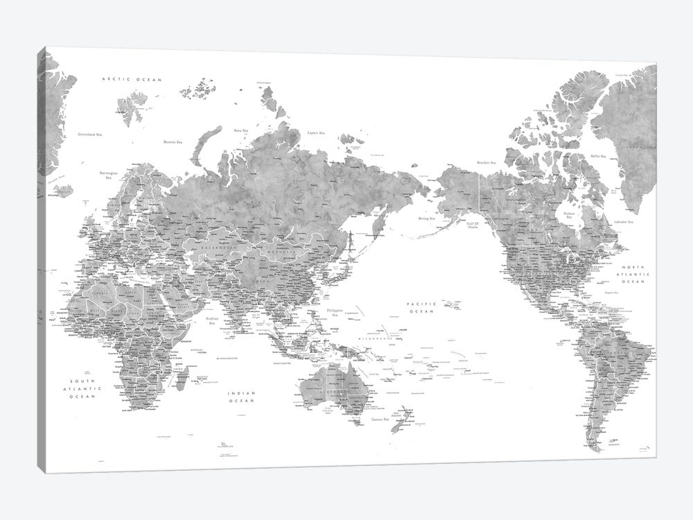 Pacific-Centered Detailed Gray Watercolor World Map by blursbyai 1-piece Art Print