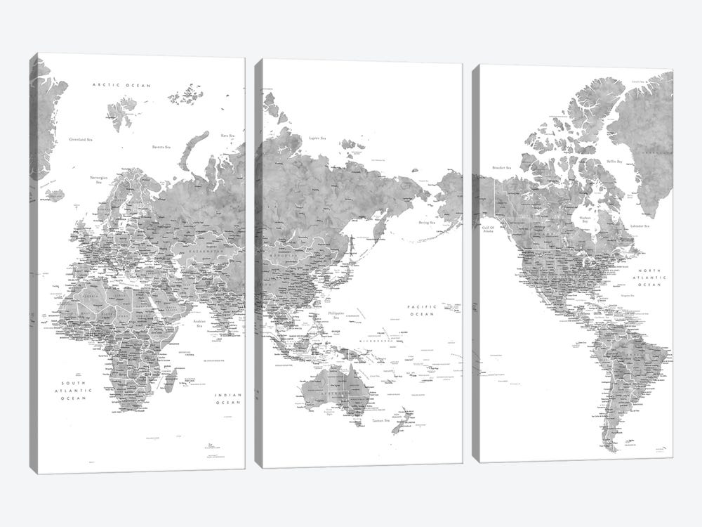 Pacific-Centered Detailed Gray Watercolor World Map by blursbyai 3-piece Canvas Art Print