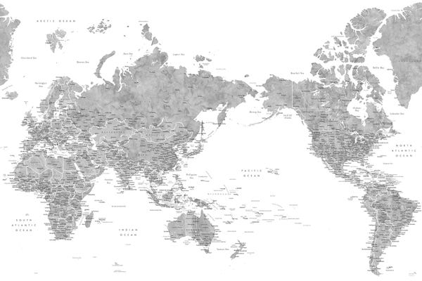 blursbyai: Pacific-Centered Detailed Gray Watercolor World Map by blursbyai