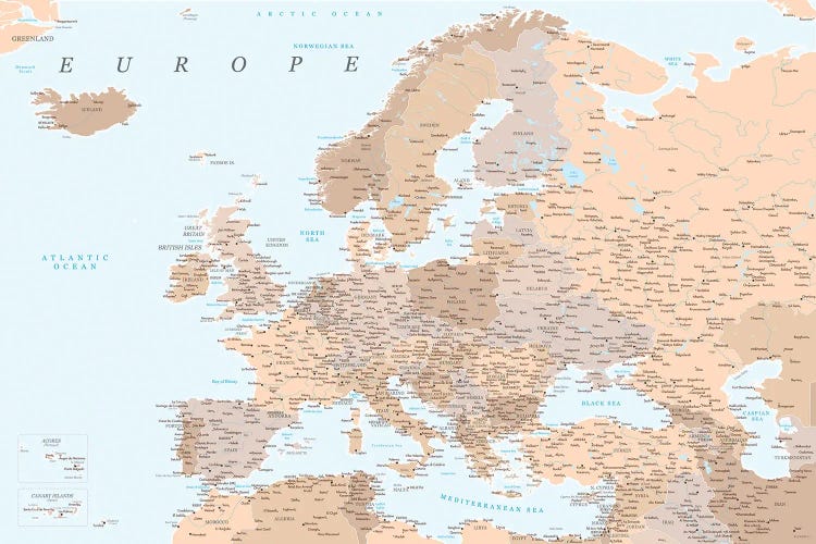 Detailed Map Of Europe In Brown And Blue