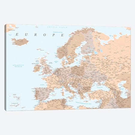 Detailed Map Of Europe In Brown And Blue Canvas Print #RLZ314} by blursbyai Canvas Artwork